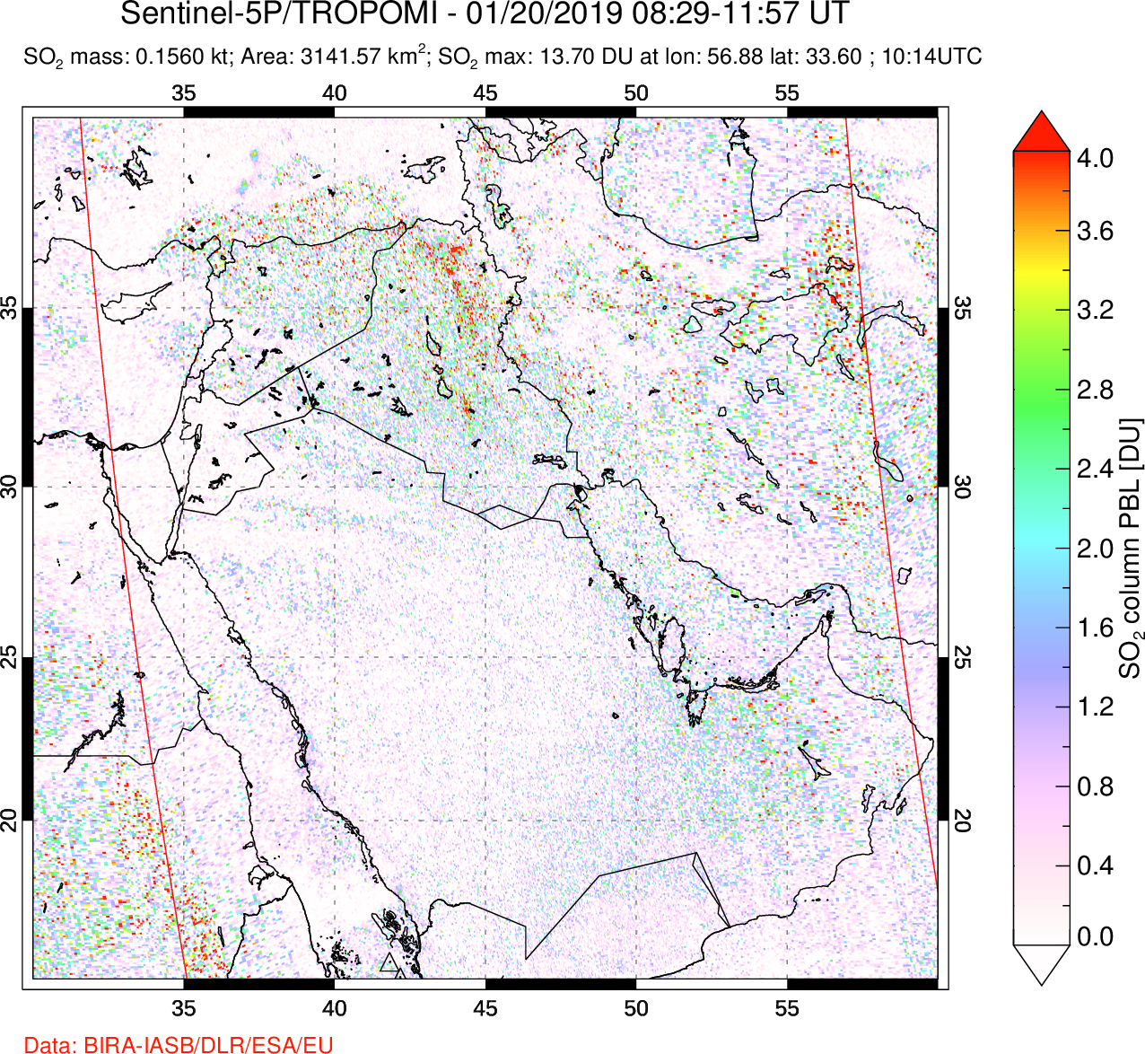 A sulfur dioxide image over Middle East on Jan 20, 2019.