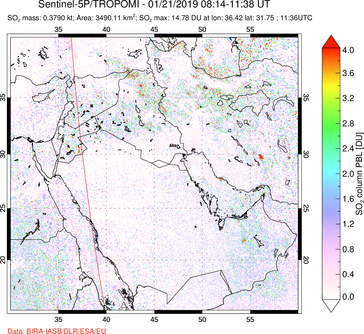 A sulfur dioxide image over Middle East on Jan 21, 2019.
