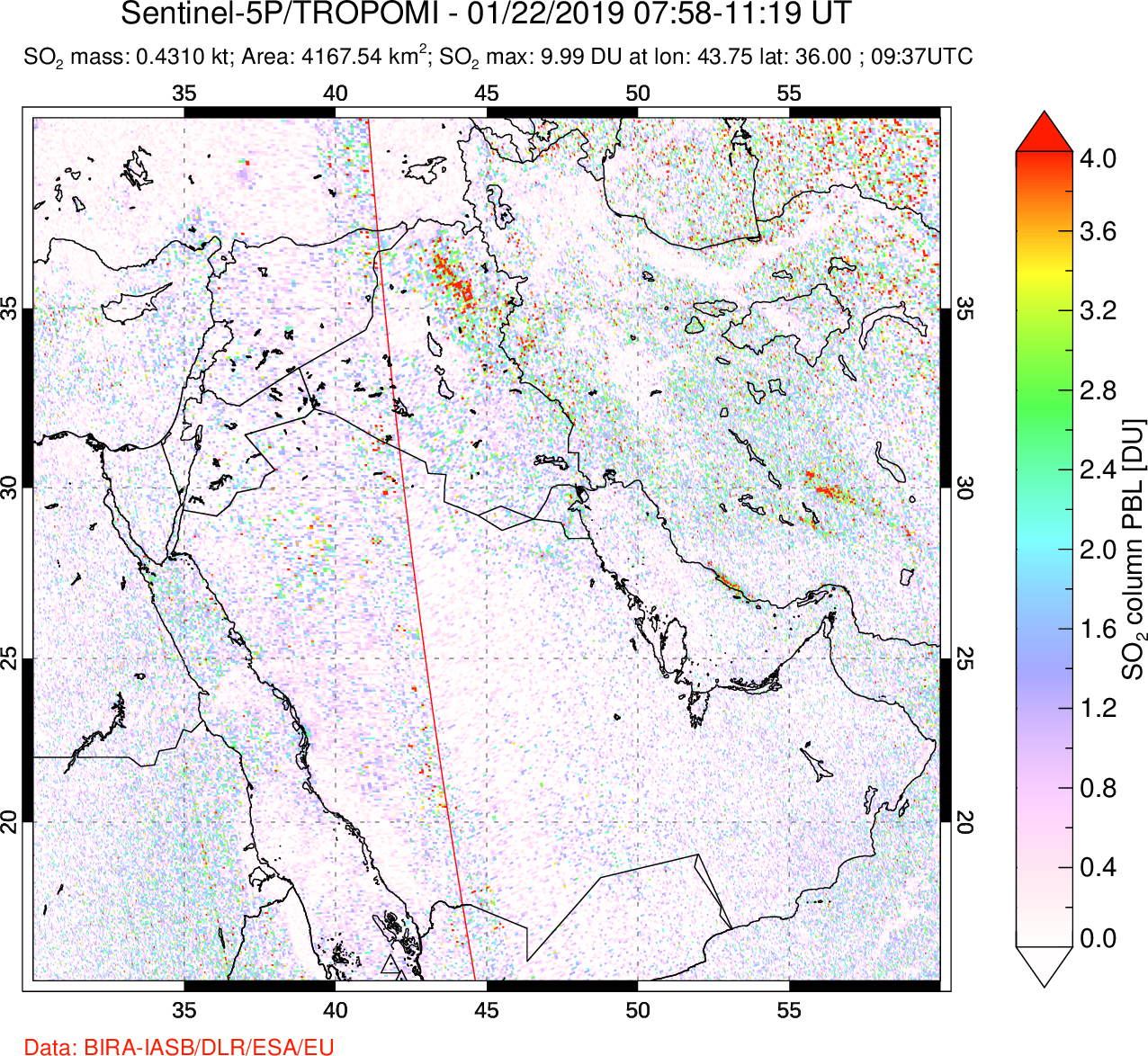 A sulfur dioxide image over Middle East on Jan 22, 2019.
