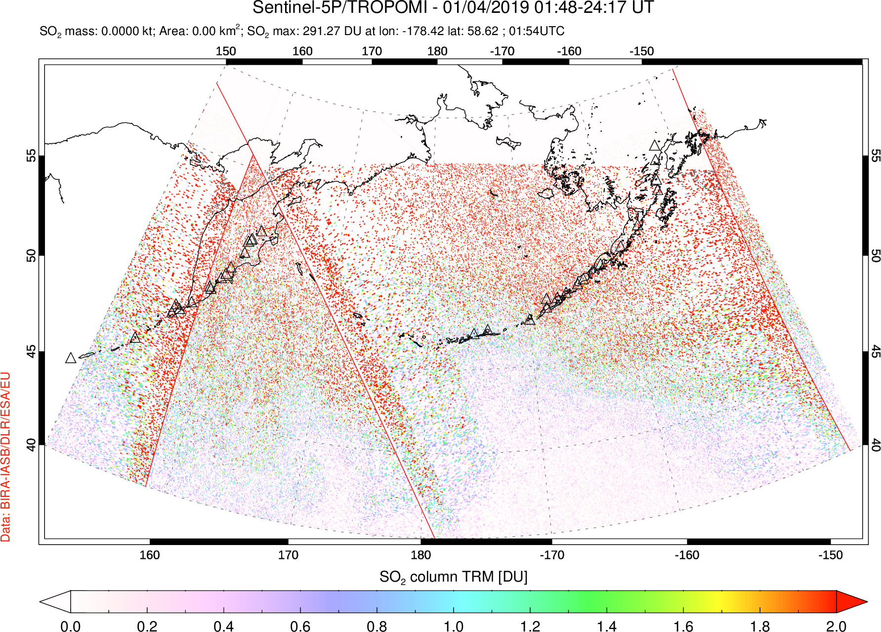 A sulfur dioxide image over North Pacific on Jan 04, 2019.