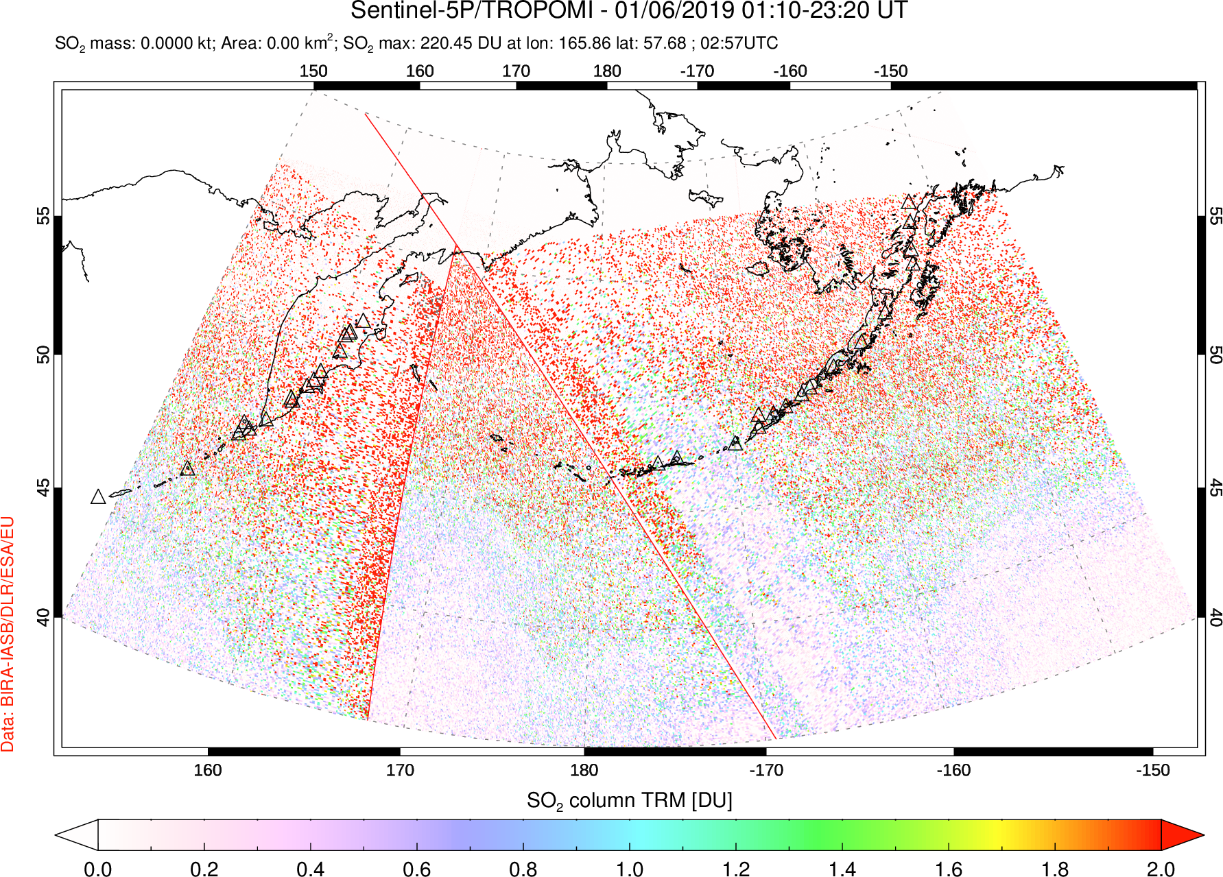 A sulfur dioxide image over North Pacific on Jan 06, 2019.