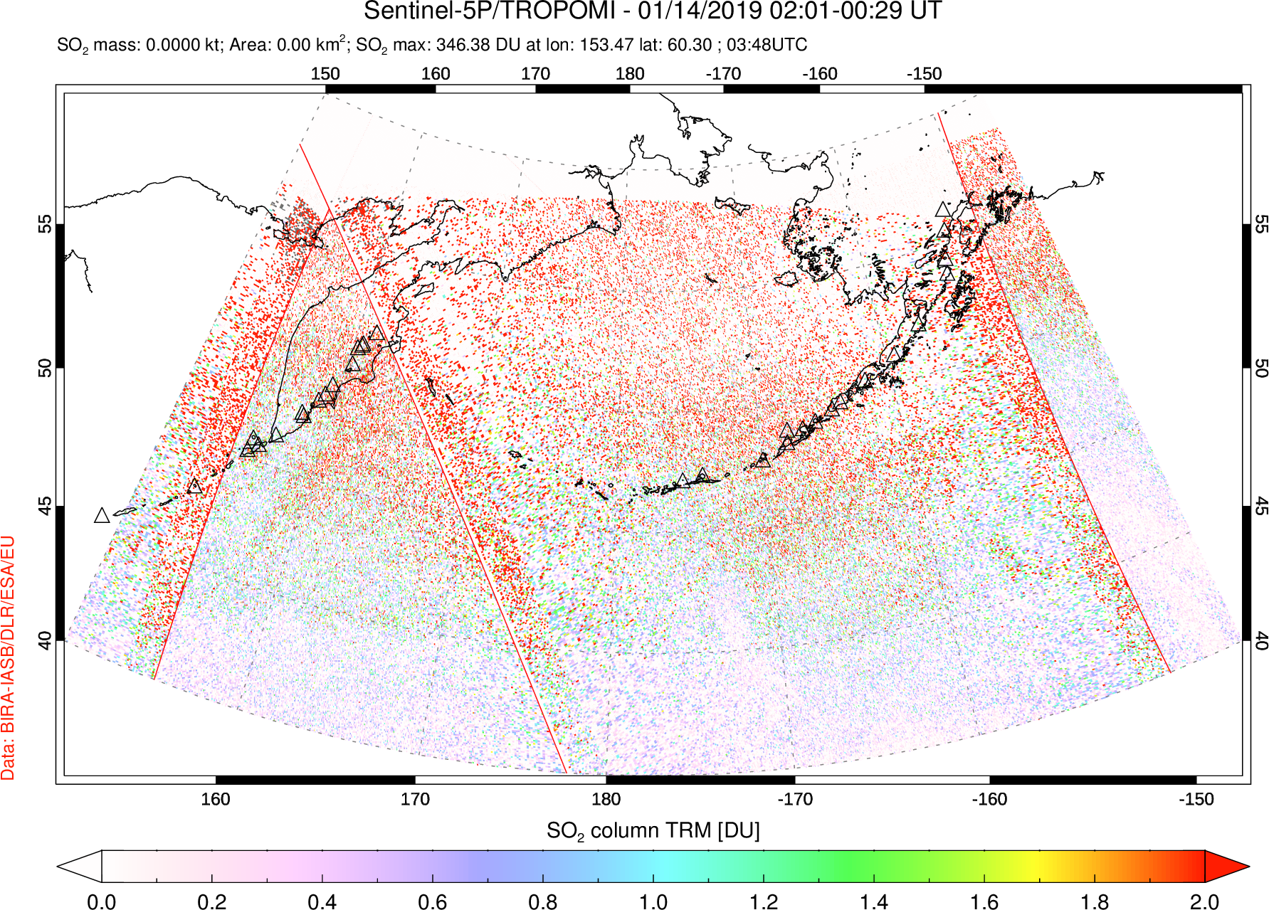 A sulfur dioxide image over North Pacific on Jan 14, 2019.