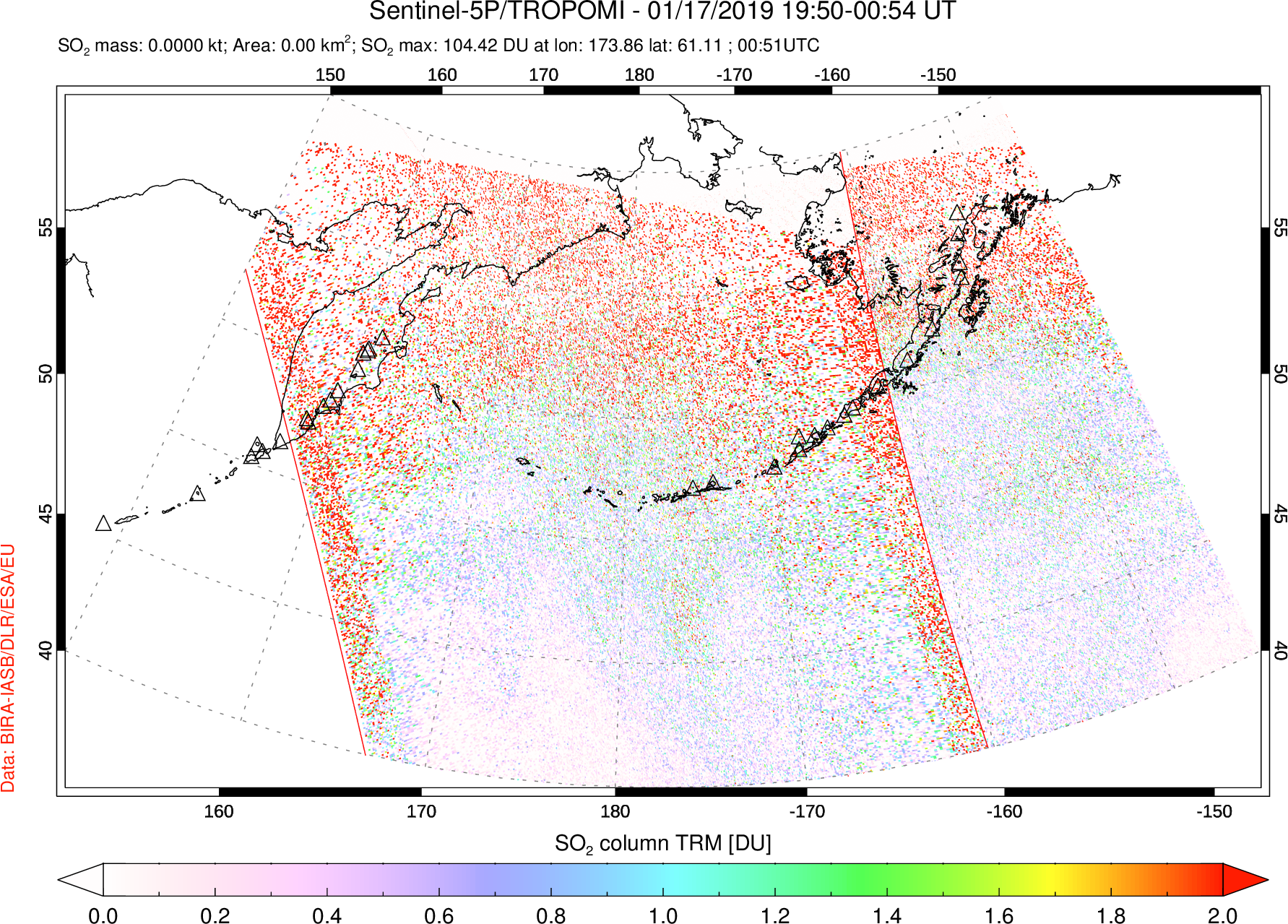 A sulfur dioxide image over North Pacific on Jan 17, 2019.