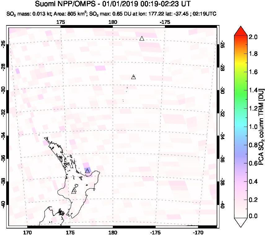 A sulfur dioxide image over New Zealand on Jan 01, 2019.