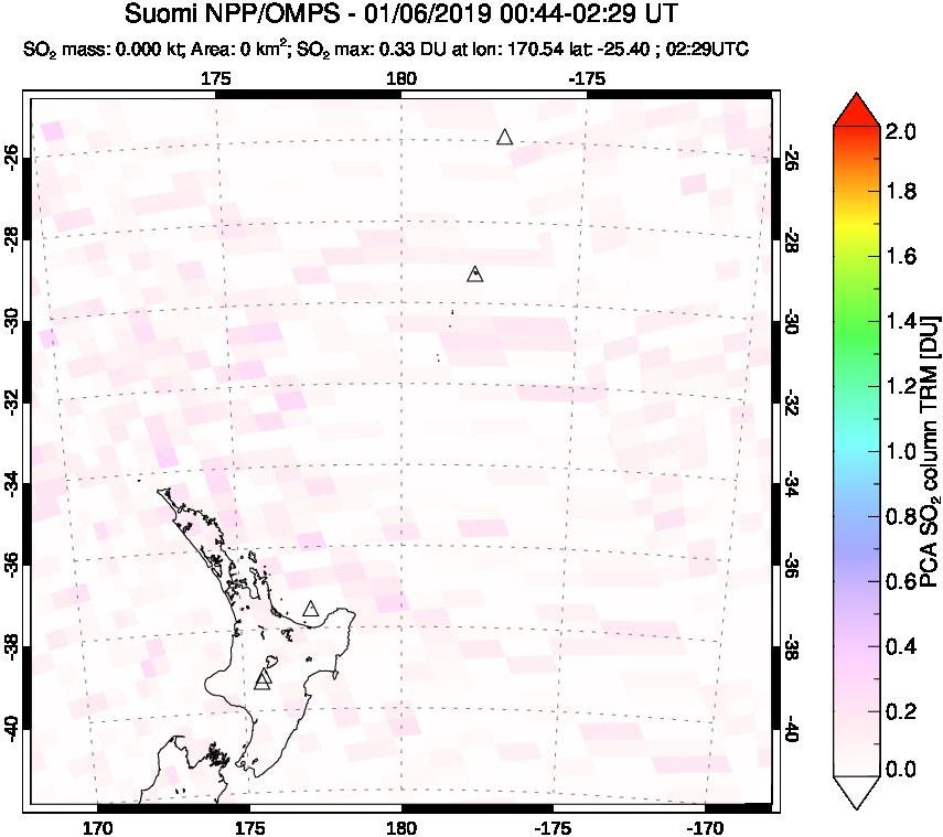 A sulfur dioxide image over New Zealand on Jan 06, 2019.