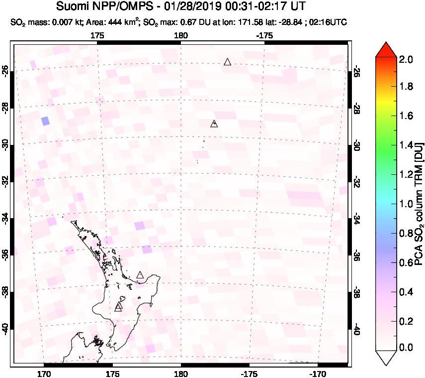 A sulfur dioxide image over New Zealand on Jan 28, 2019.