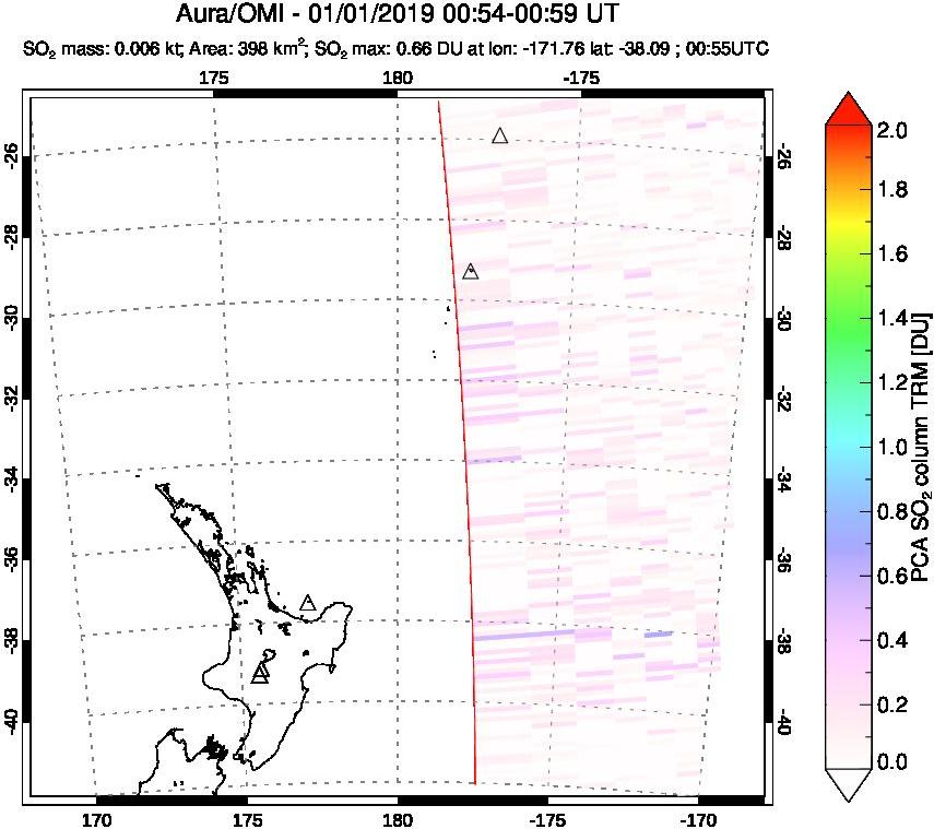 A sulfur dioxide image over New Zealand on Jan 01, 2019.