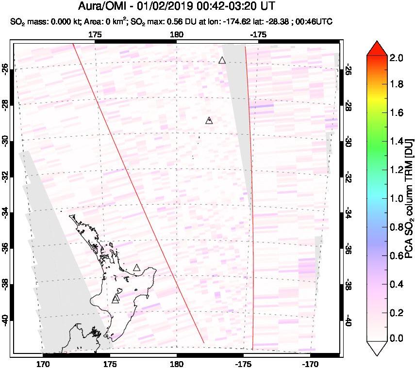 A sulfur dioxide image over New Zealand on Jan 02, 2019.