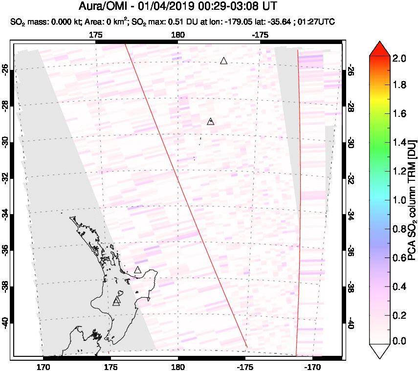 A sulfur dioxide image over New Zealand on Jan 04, 2019.