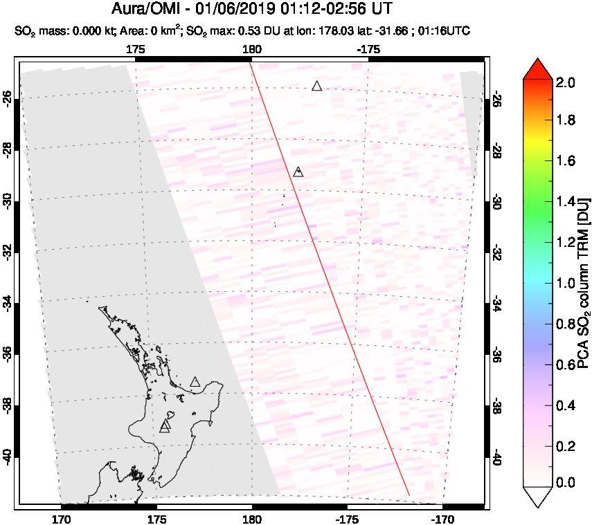 A sulfur dioxide image over New Zealand on Jan 06, 2019.