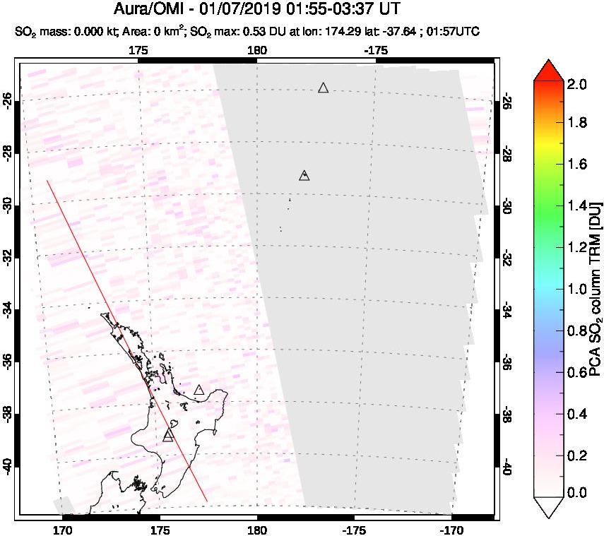 A sulfur dioxide image over New Zealand on Jan 07, 2019.