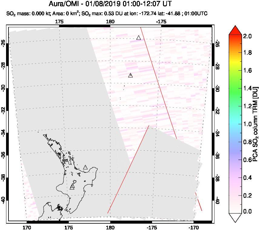 A sulfur dioxide image over New Zealand on Jan 08, 2019.