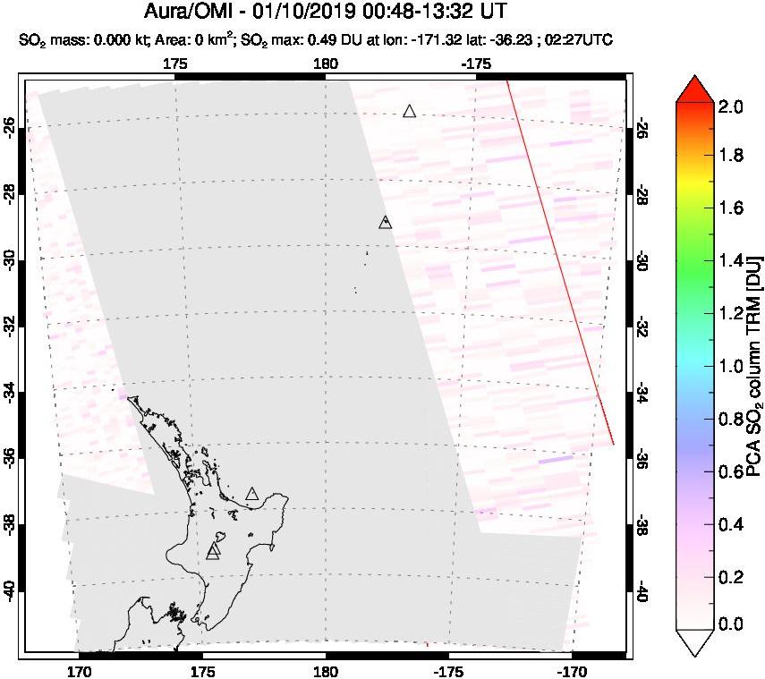 A sulfur dioxide image over New Zealand on Jan 10, 2019.