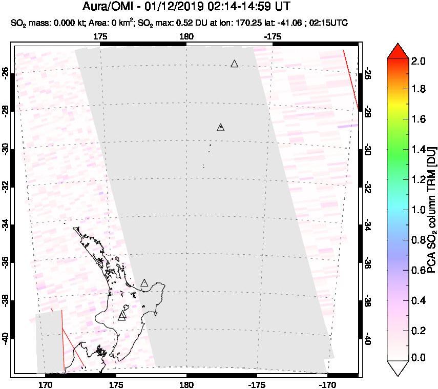 A sulfur dioxide image over New Zealand on Jan 12, 2019.