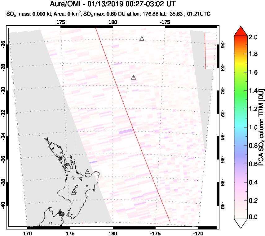 A sulfur dioxide image over New Zealand on Jan 13, 2019.