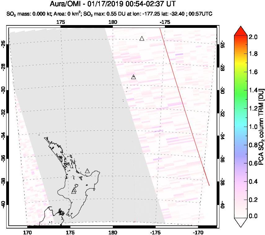 A sulfur dioxide image over New Zealand on Jan 17, 2019.
