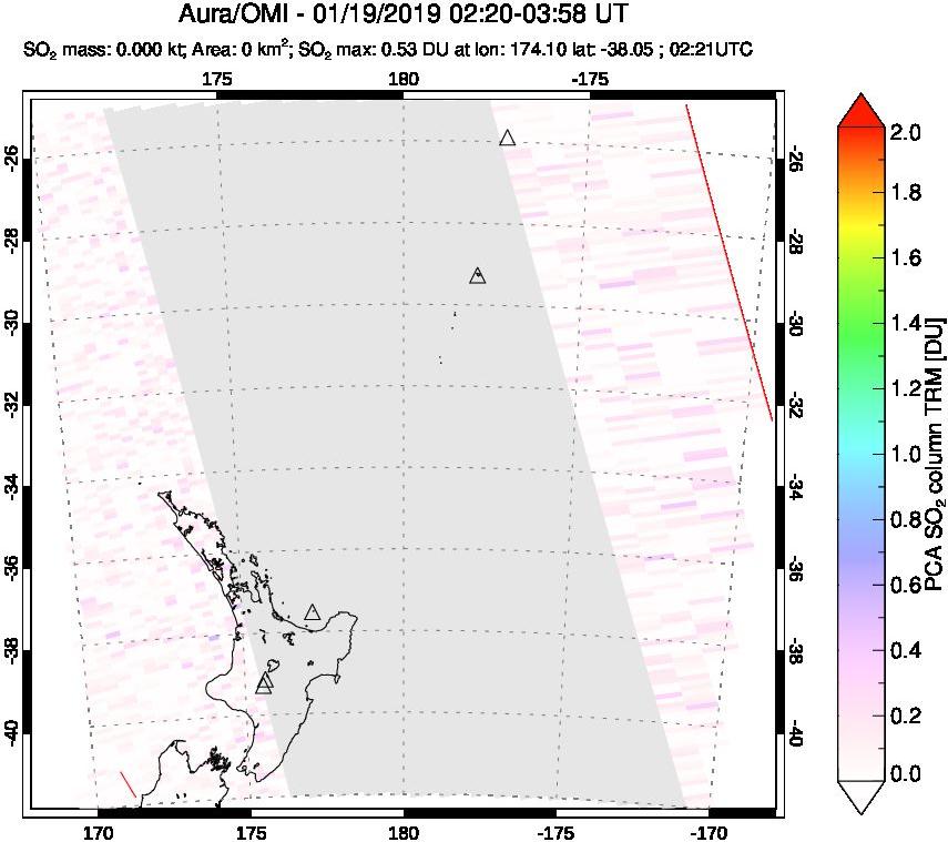 A sulfur dioxide image over New Zealand on Jan 19, 2019.