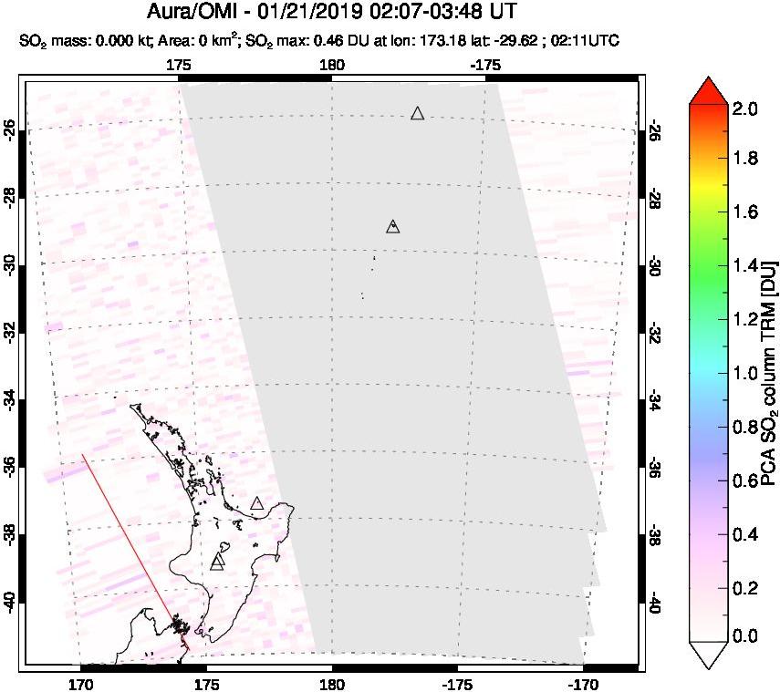 A sulfur dioxide image over New Zealand on Jan 21, 2019.