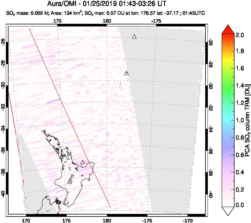 A sulfur dioxide image over New Zealand on Jan 25, 2019.