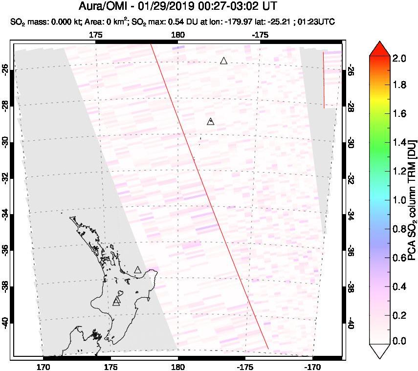 A sulfur dioxide image over New Zealand on Jan 29, 2019.