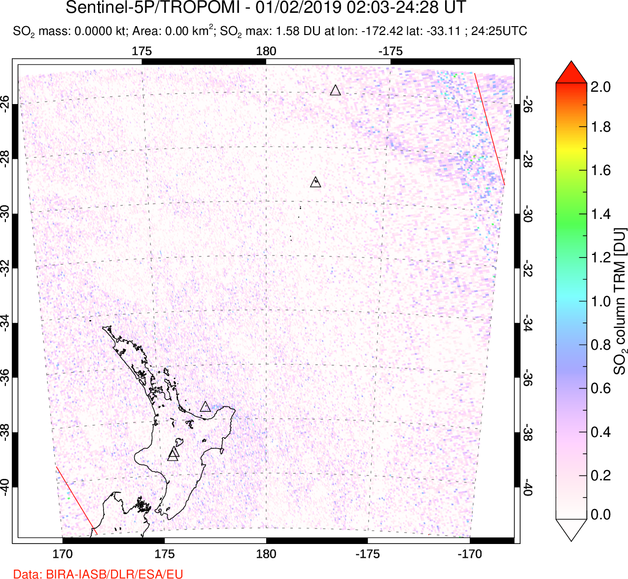 A sulfur dioxide image over New Zealand on Jan 02, 2019.