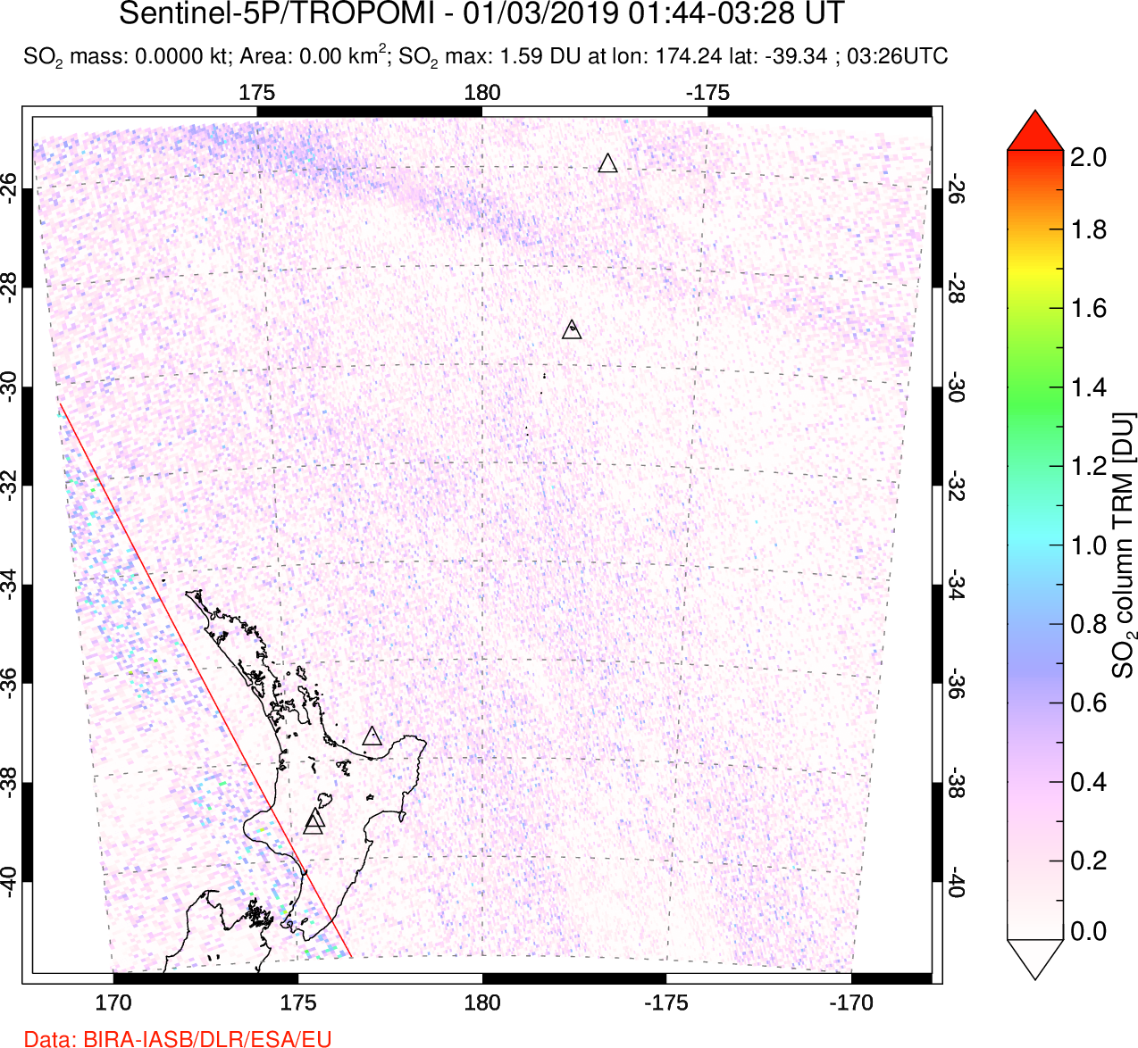 A sulfur dioxide image over New Zealand on Jan 03, 2019.