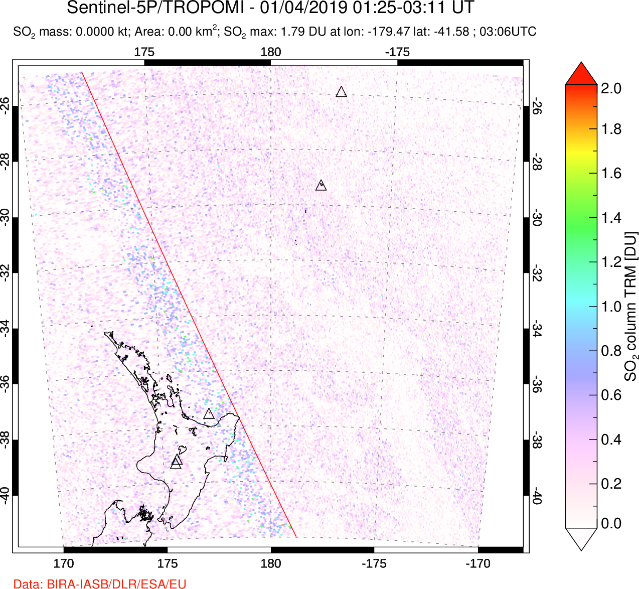 A sulfur dioxide image over New Zealand on Jan 04, 2019.