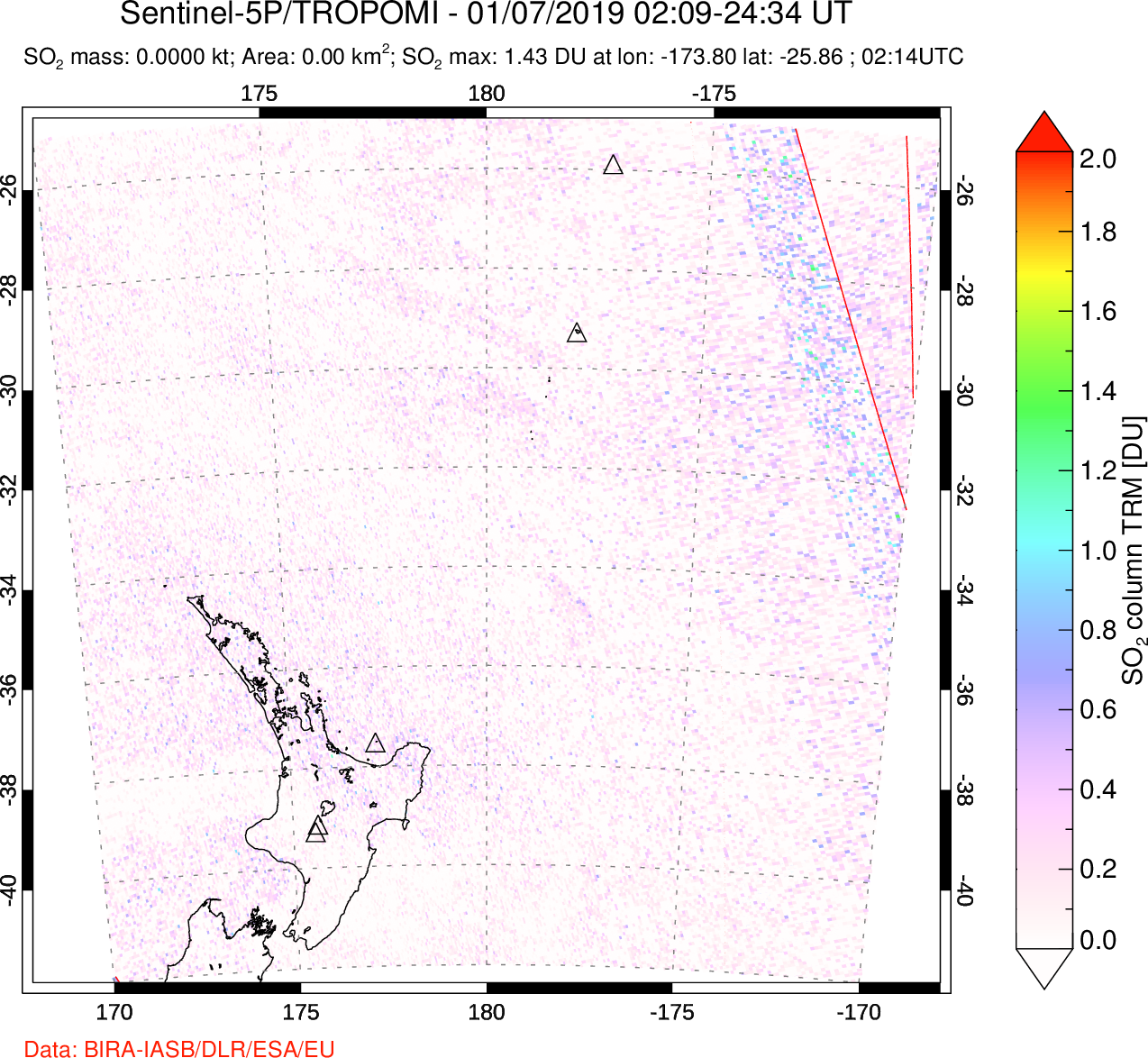 A sulfur dioxide image over New Zealand on Jan 07, 2019.