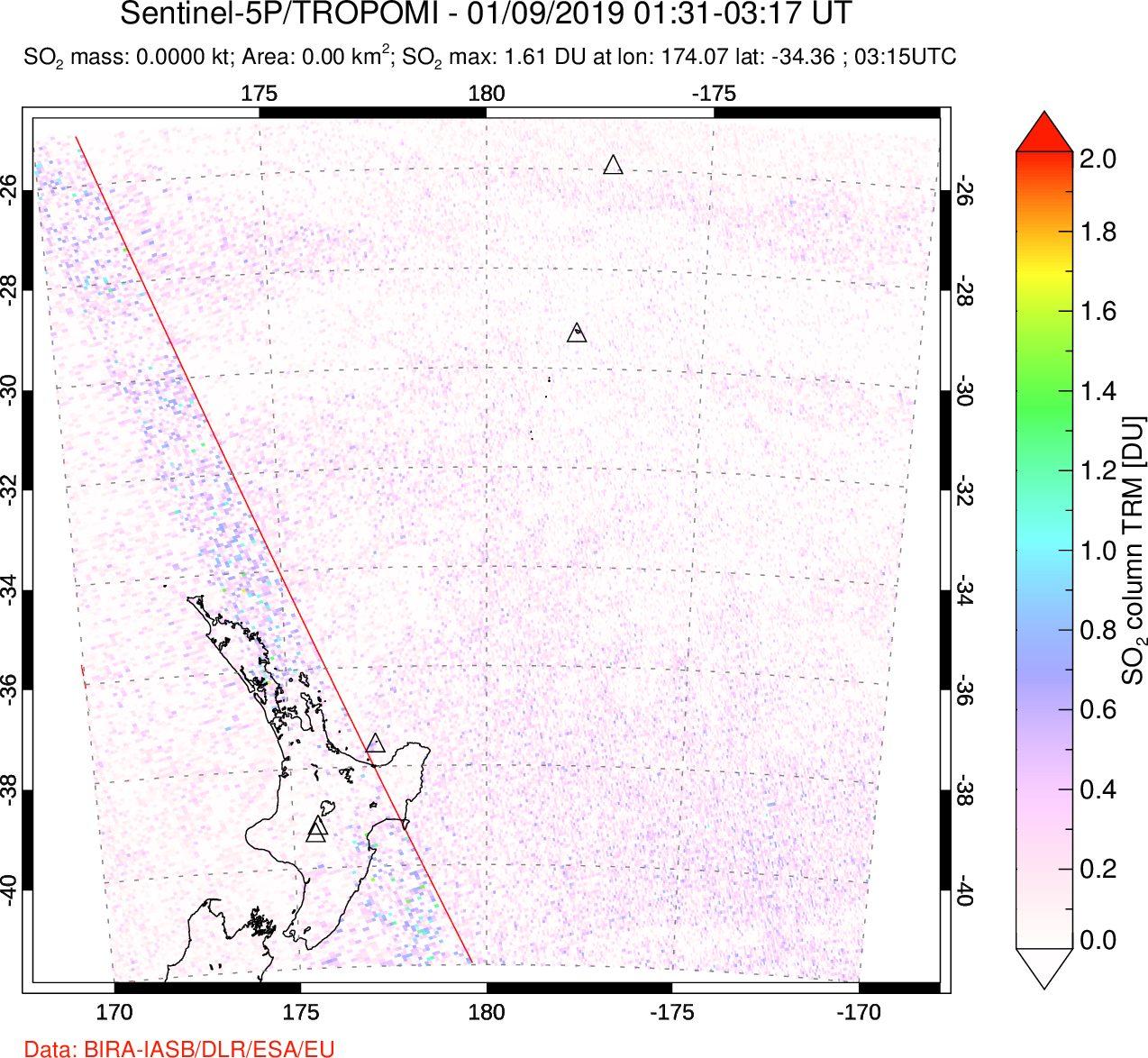 A sulfur dioxide image over New Zealand on Jan 09, 2019.