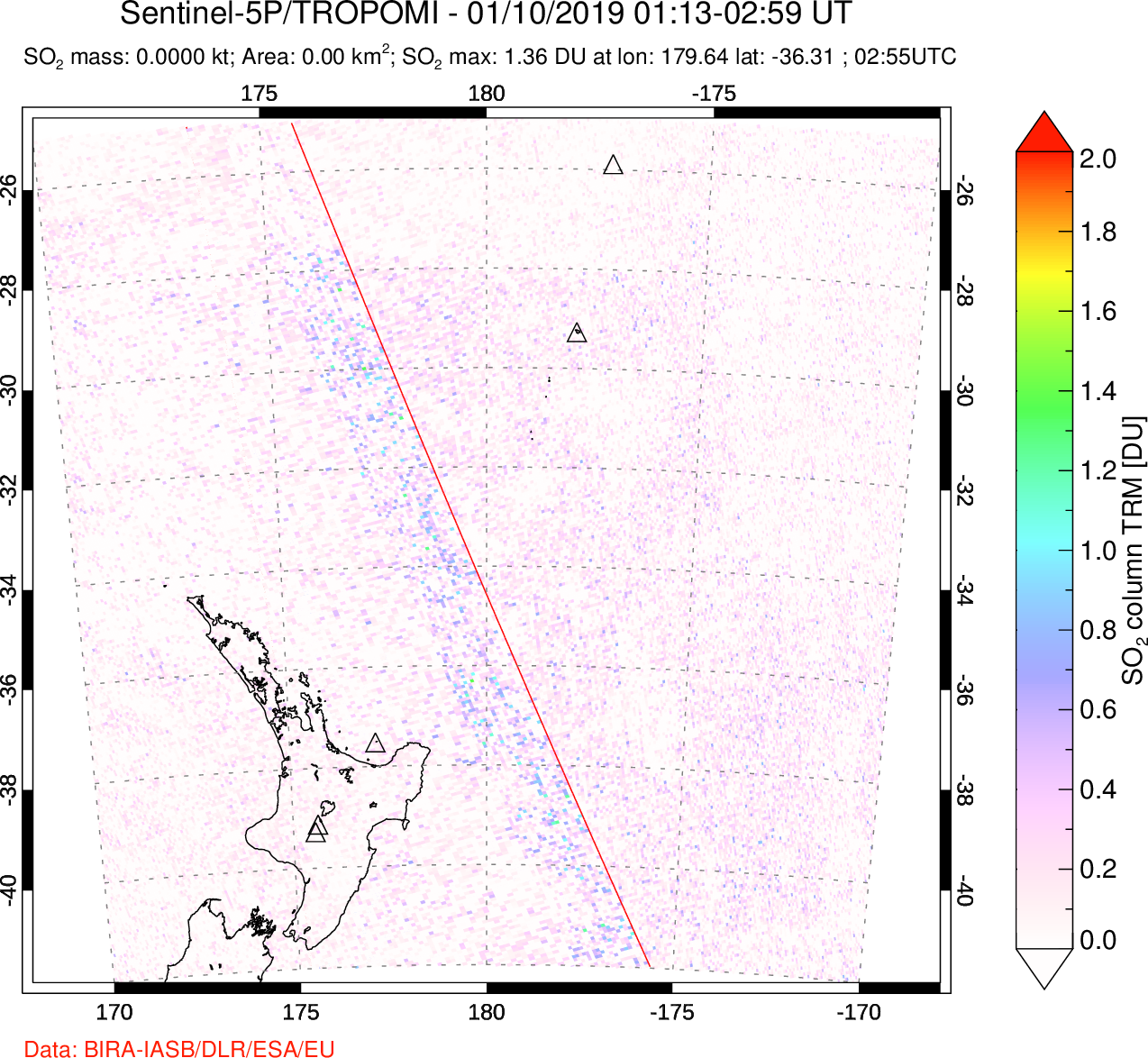 A sulfur dioxide image over New Zealand on Jan 10, 2019.
