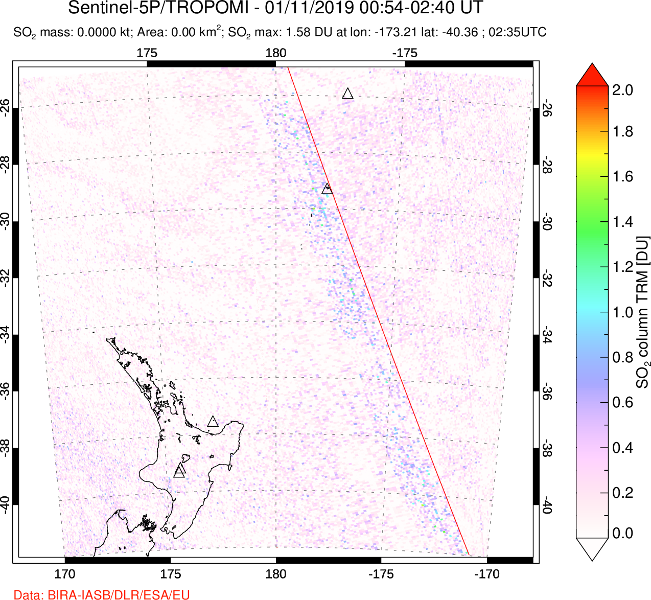 A sulfur dioxide image over New Zealand on Jan 11, 2019.