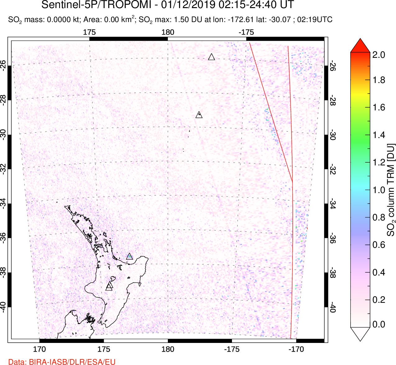A sulfur dioxide image over New Zealand on Jan 12, 2019.