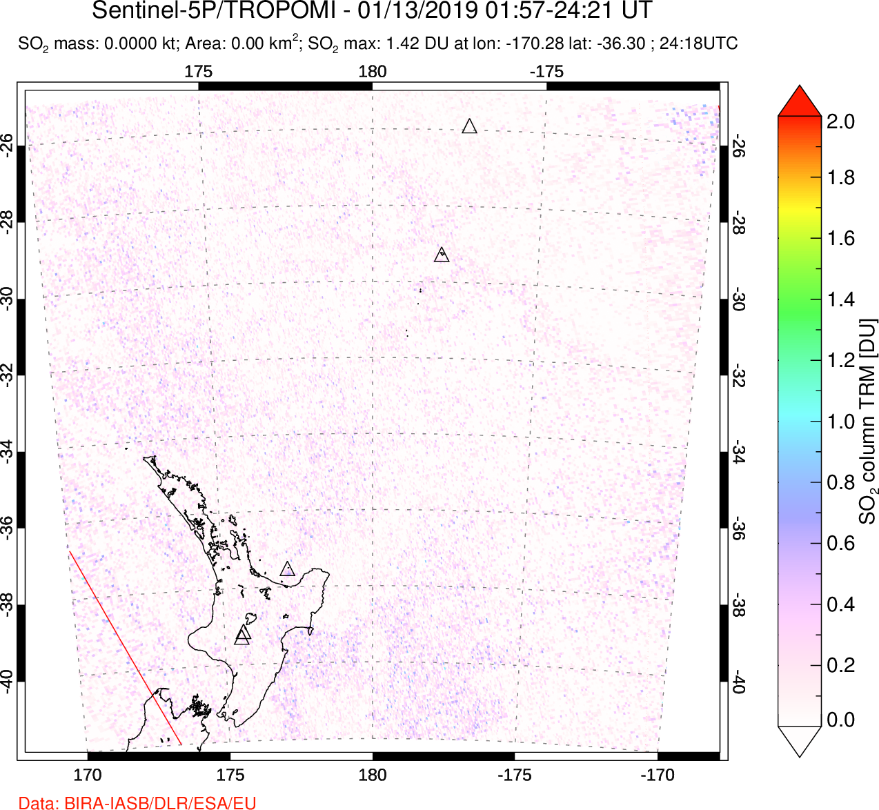A sulfur dioxide image over New Zealand on Jan 13, 2019.
