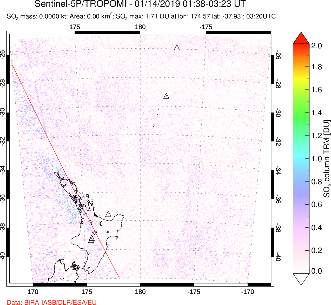 A sulfur dioxide image over New Zealand on Jan 14, 2019.