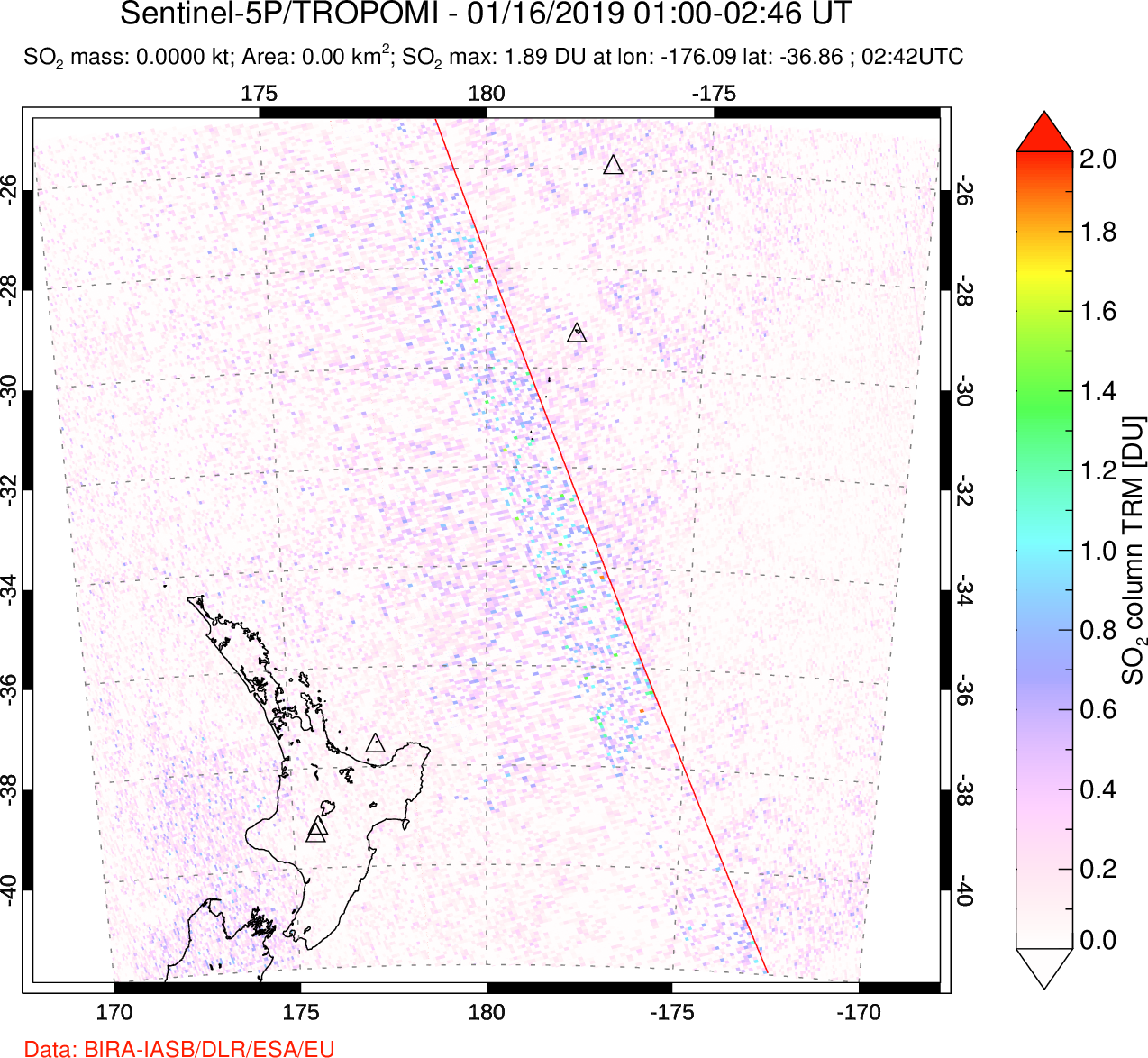 A sulfur dioxide image over New Zealand on Jan 16, 2019.