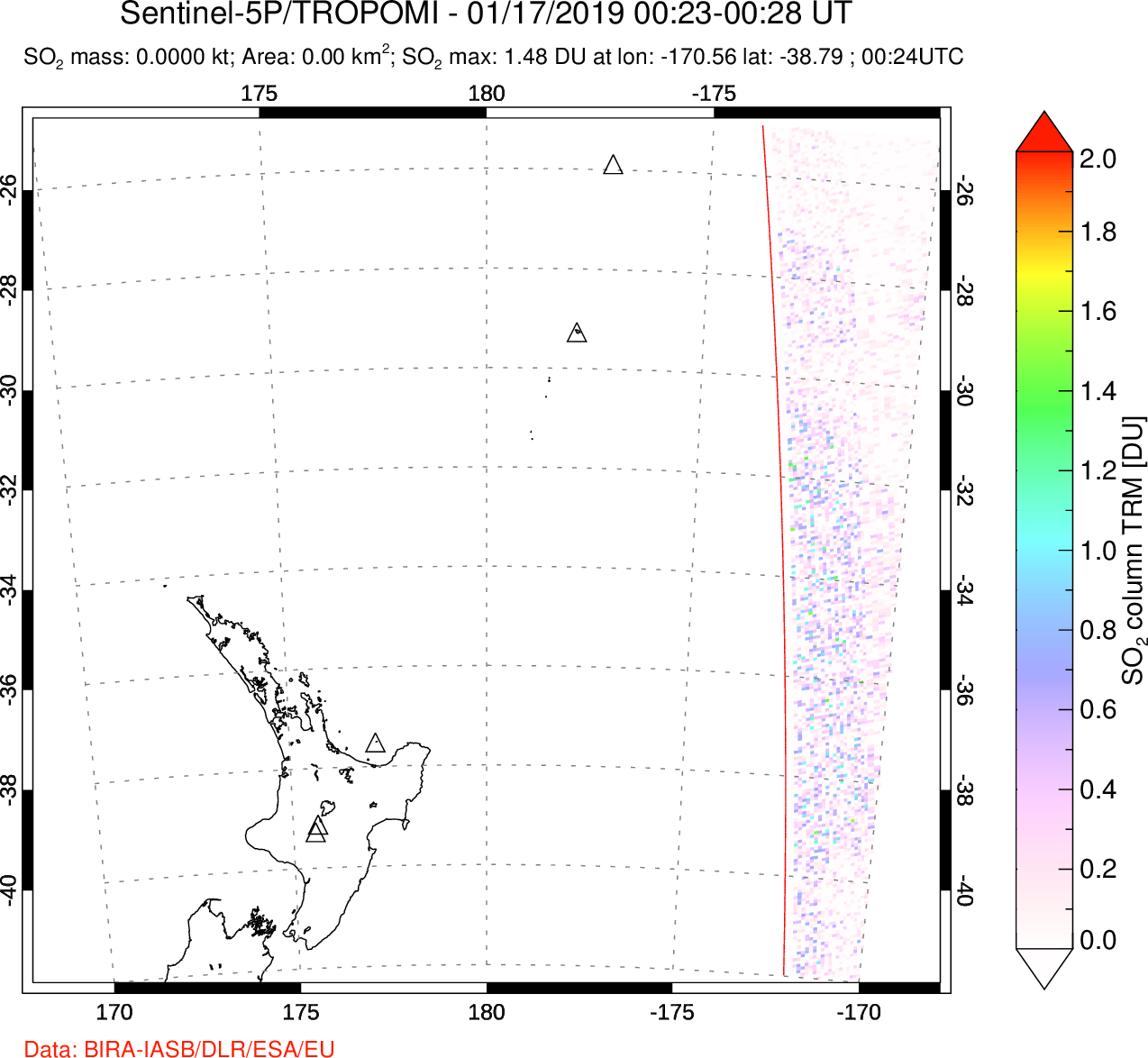 A sulfur dioxide image over New Zealand on Jan 17, 2019.