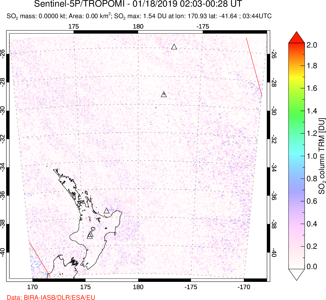 A sulfur dioxide image over New Zealand on Jan 18, 2019.