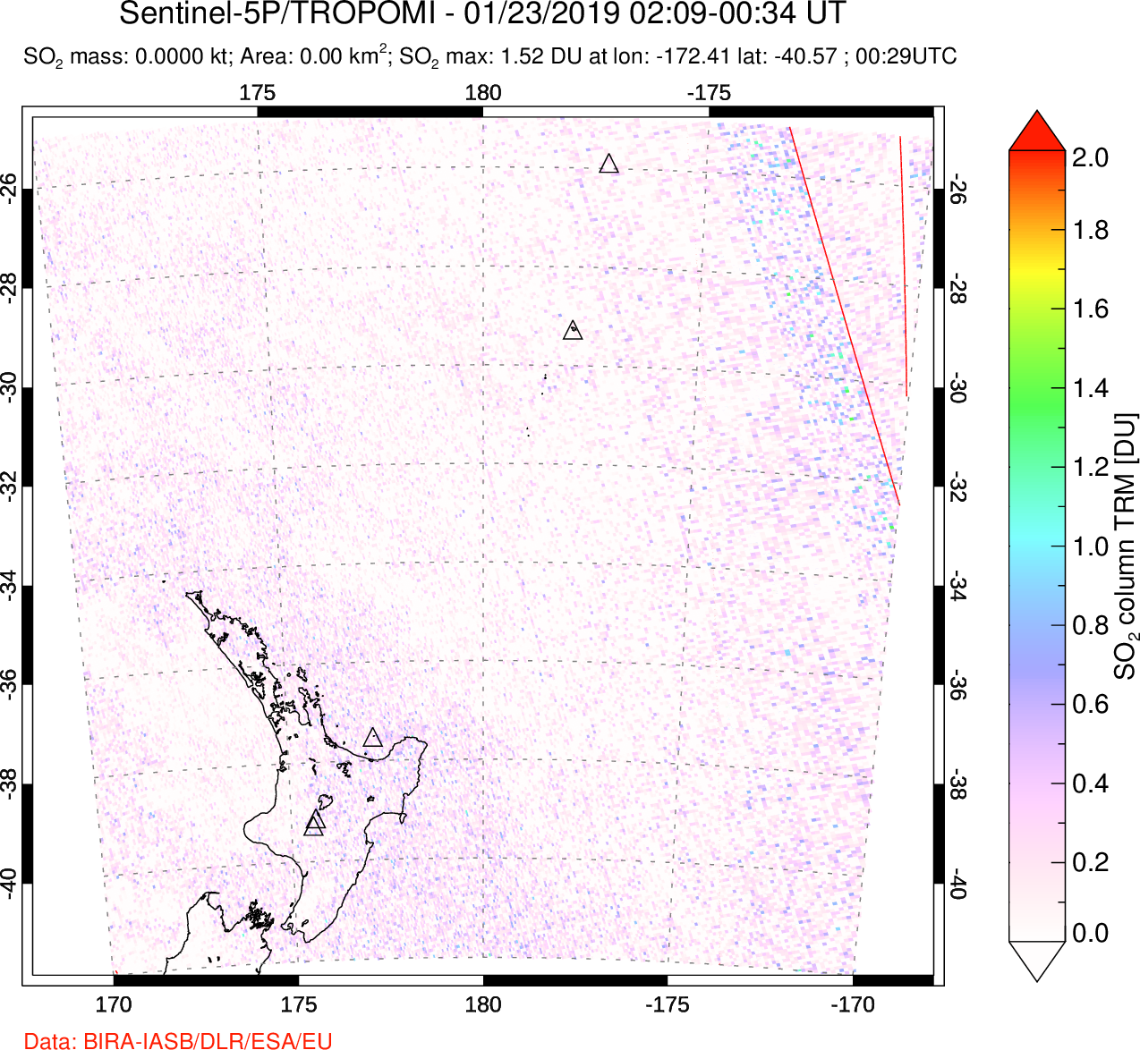A sulfur dioxide image over New Zealand on Jan 23, 2019.