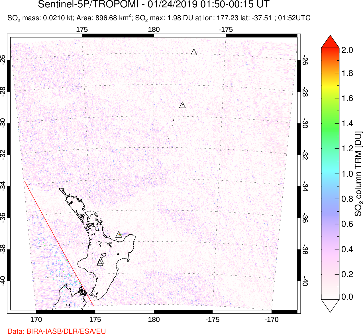 A sulfur dioxide image over New Zealand on Jan 24, 2019.
