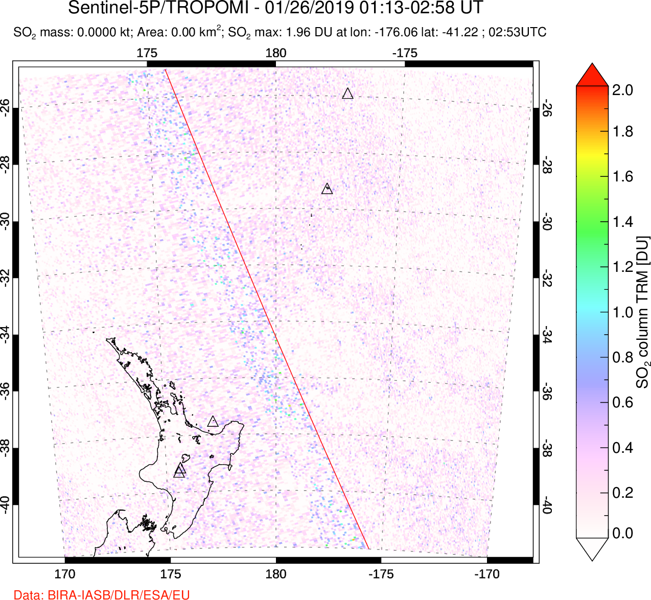A sulfur dioxide image over New Zealand on Jan 26, 2019.