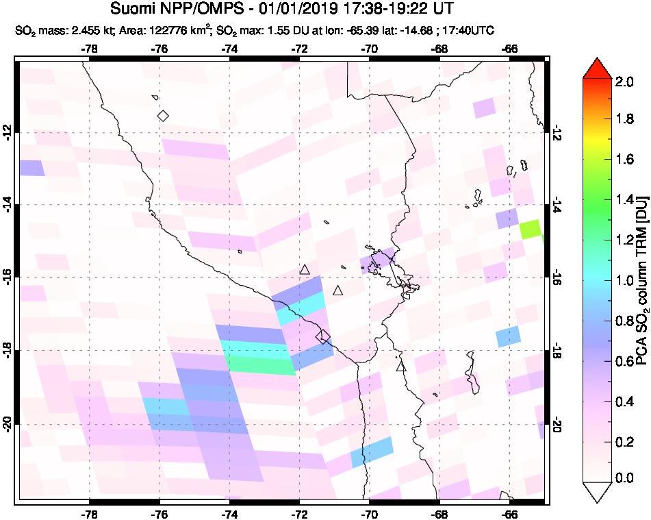 A sulfur dioxide image over Peru on Jan 01, 2019.
