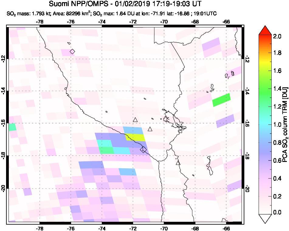 A sulfur dioxide image over Peru on Jan 02, 2019.