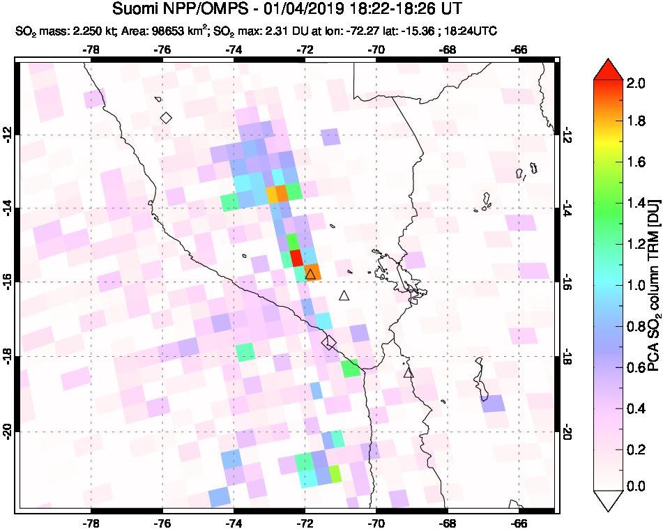A sulfur dioxide image over Peru on Jan 04, 2019.