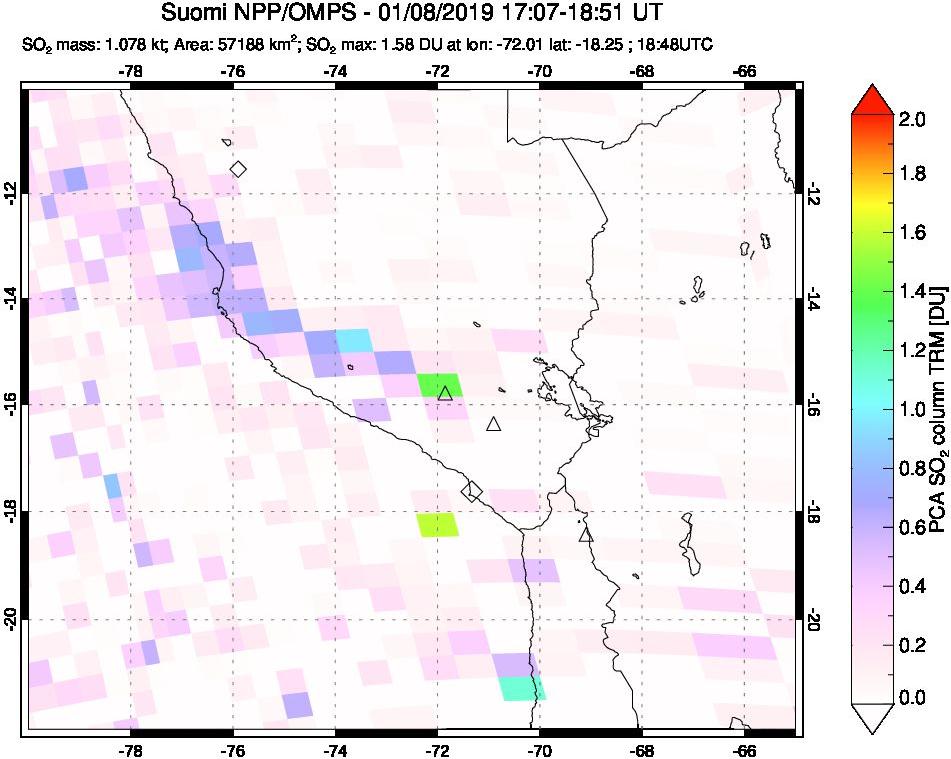 A sulfur dioxide image over Peru on Jan 08, 2019.