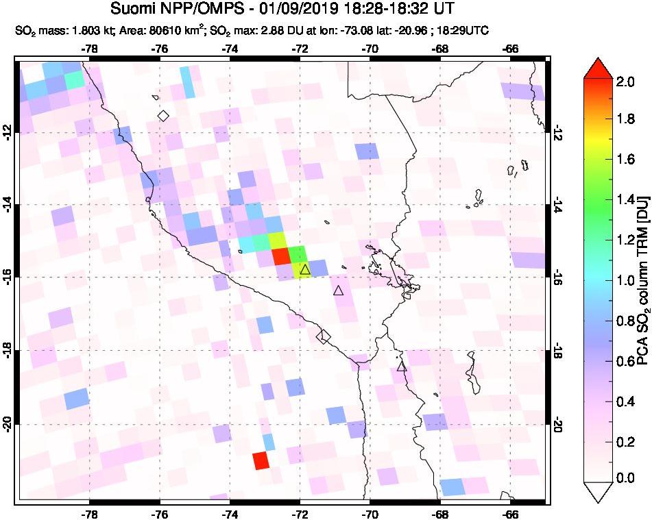 A sulfur dioxide image over Peru on Jan 09, 2019.