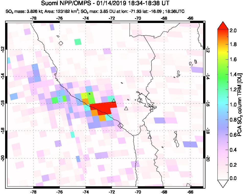 A sulfur dioxide image over Peru on Jan 14, 2019.