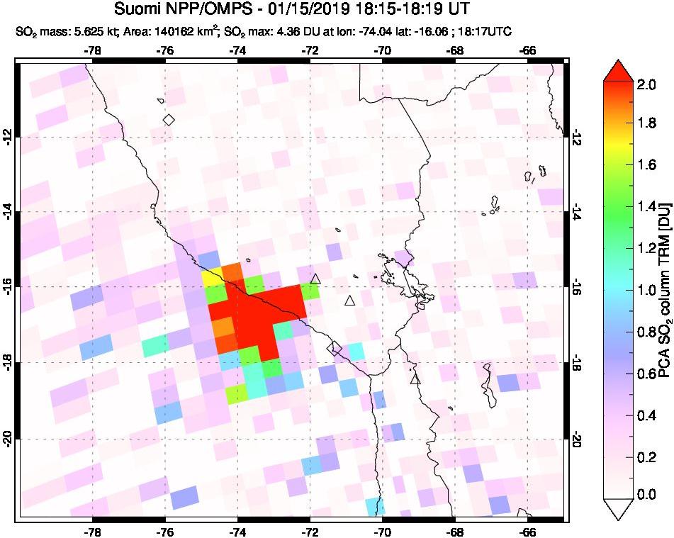 A sulfur dioxide image over Peru on Jan 15, 2019.