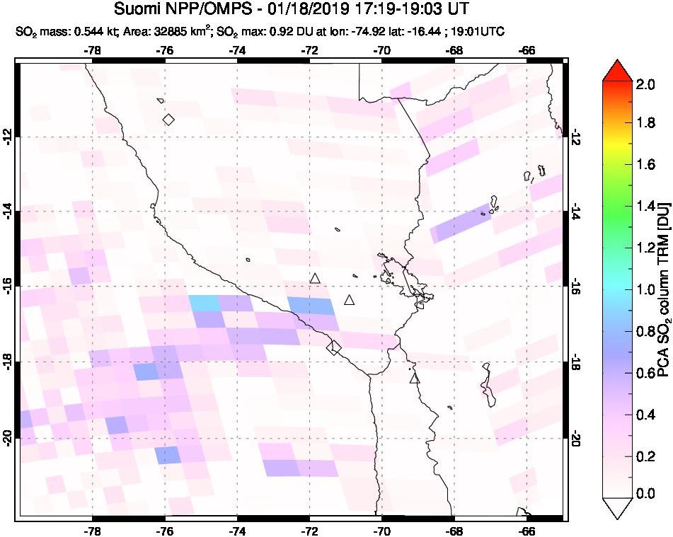 A sulfur dioxide image over Peru on Jan 18, 2019.