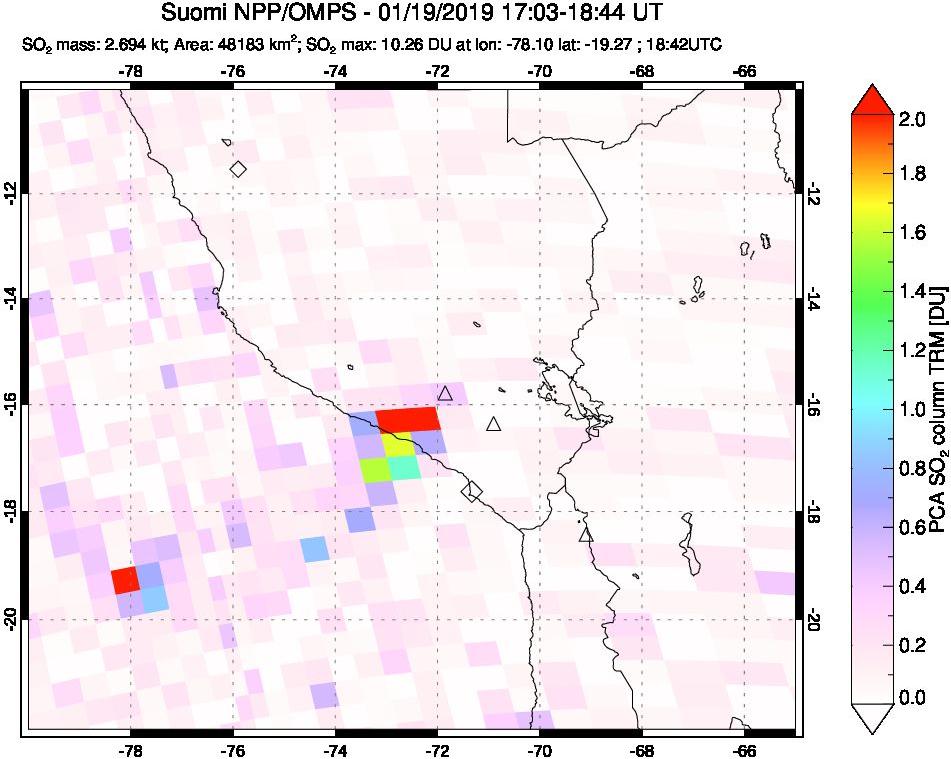 A sulfur dioxide image over Peru on Jan 19, 2019.