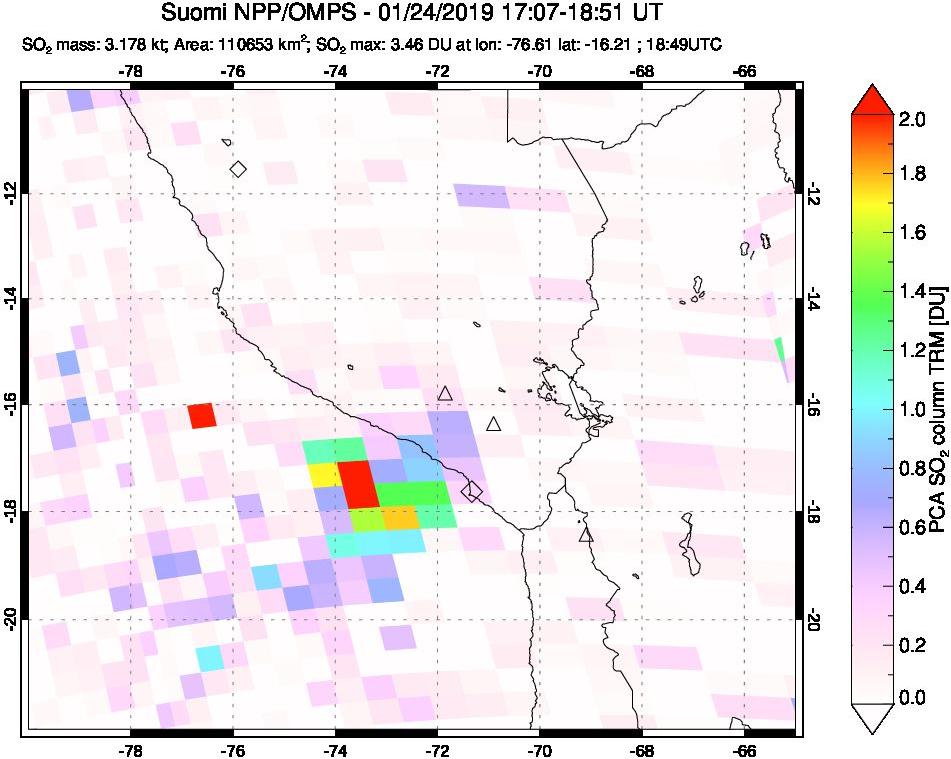 A sulfur dioxide image over Peru on Jan 24, 2019.